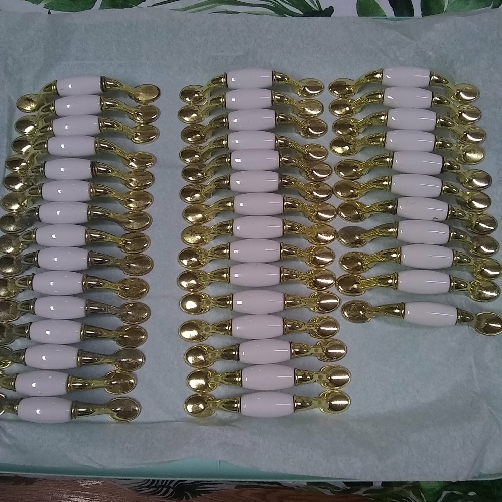 Vintage Cabinet Pull Handles Polish Brass & White Ceramic Drawer 41
